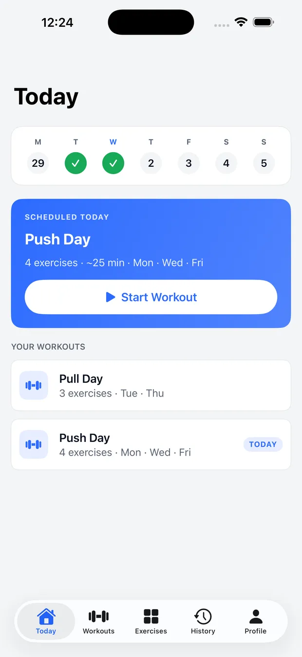 Gym Buddy Today screen with the scheduled workout