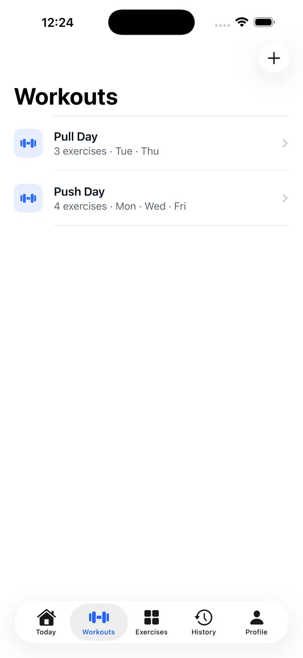Gym Buddy Workouts tab listing your plans