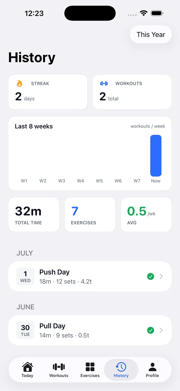 Gym Buddy History tab with streak and stats