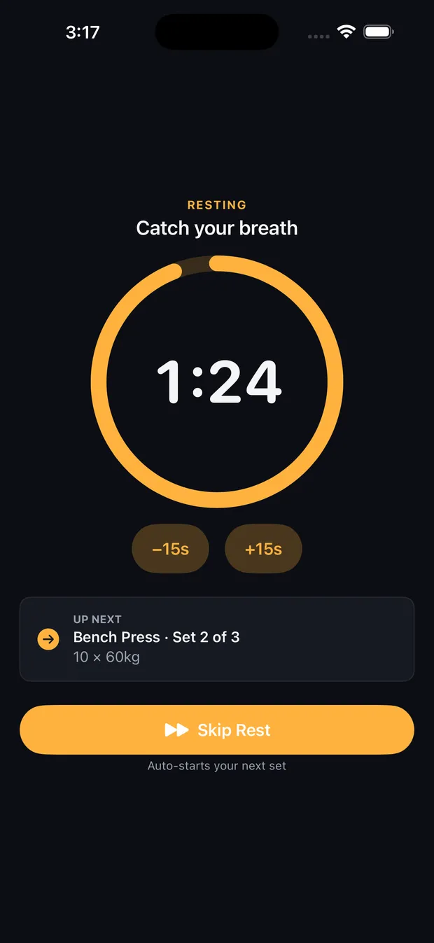 Gym Buddy rest-timer screen with the up-next set
